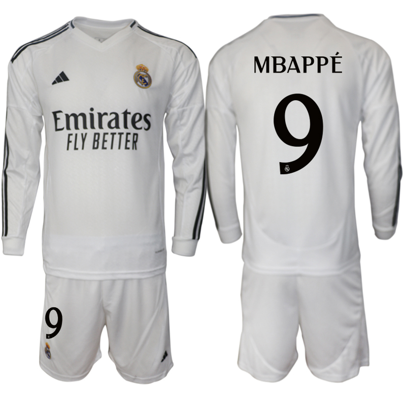 Men 2024-2025 Club Real Madrid home Long Sleeves White 9 Soccer Jersey